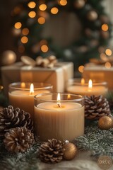 Christmas Candle Decoration with Gifts Pine Cones Wreath and Gingerbread Cookies