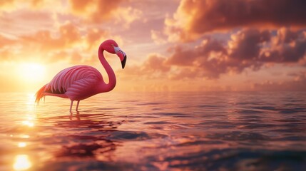 Fototapeta premium Pink flamingo in serene sunset over water