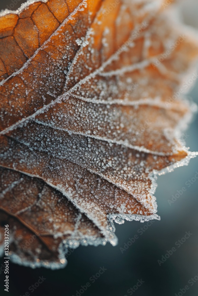 Poster an up-close perspective of a frost-laden leaf, showcasing its complex patterns and textures.