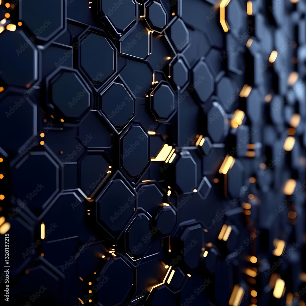 Poster abstract 3d render of interlocking hexagons with glowing edges, creating a dark, technological backg