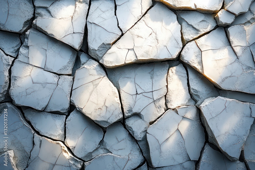 Poster close-up of shattered white marble tiles with cracks and textures in a chaotic pattern