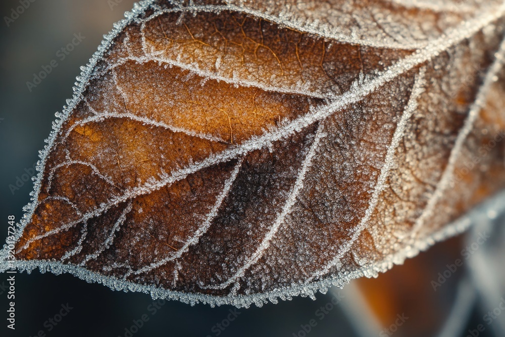 Poster an up-close perspective of a frost-laden leaf, showcasing its complex patterns and textures.