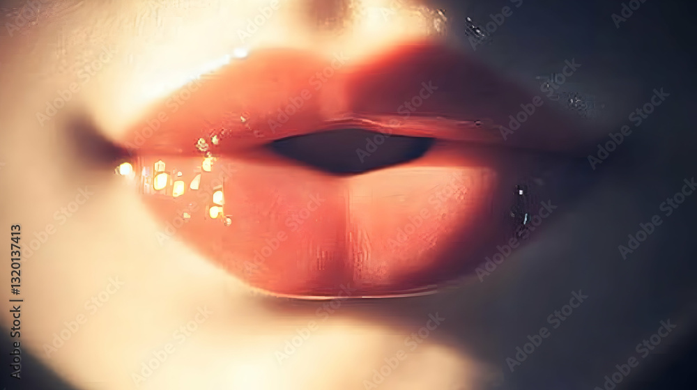 Poster Close-up digital painting of glossy lips parted slightly, showcasing a warm, peachy-coral hue with subtle highlights, creating an alluring and sensual abstract background image.