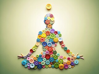 Elevated yoga pose, accented by buttons, minimalist aesthetic. Find calm.