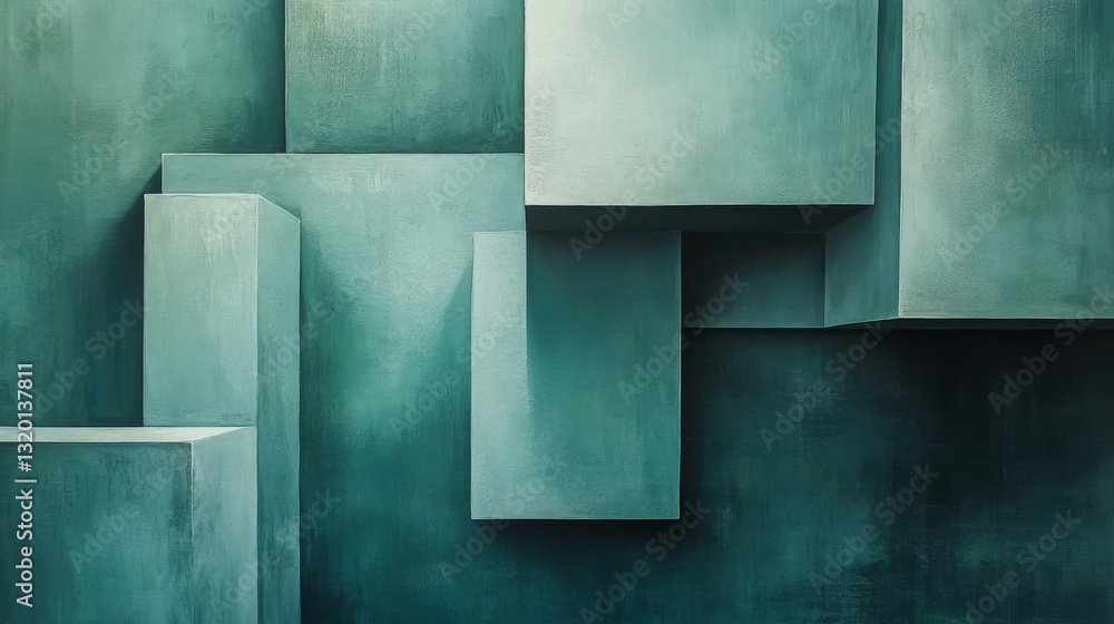 Poster geometric blocks create an abstract pattern on a teal wall