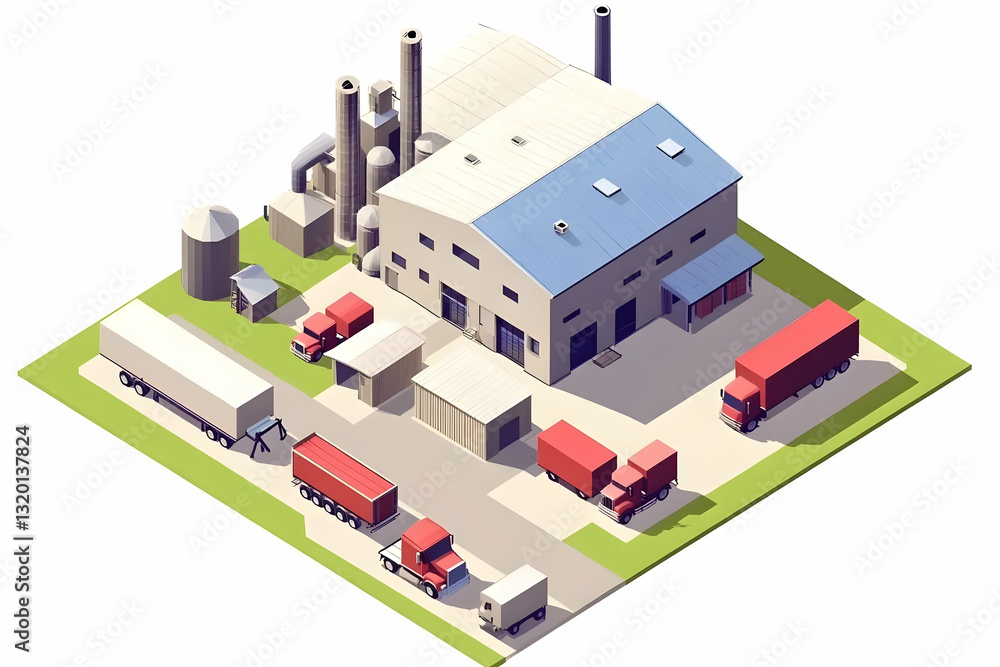 Poster isometric illustration of a factory with trucks loading and unloading goods efficiently