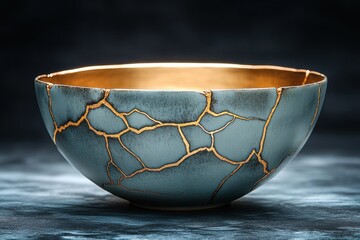 Close up of Japanese Kintsugi bowl delicate ceramic art repair with gold lacquer technique