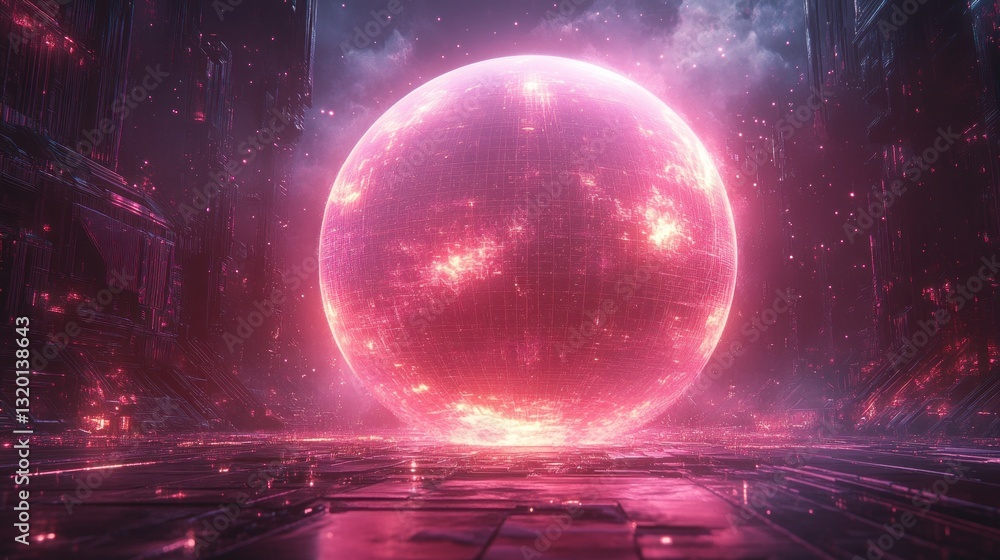 Poster glowing purple sphere with intricate wireframe structures and neon lighting in cyberpunk style