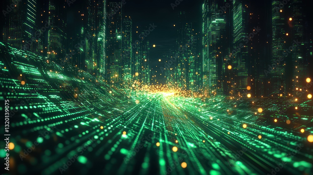 Poster futuristic green light particle wave grid network abstract cyberpunk design