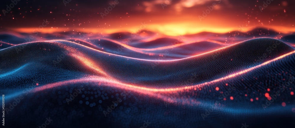 Aufkleber futuristic abstract hexagon wave grid with glowing dots and dynamic particles in cyberpunk aesthetic