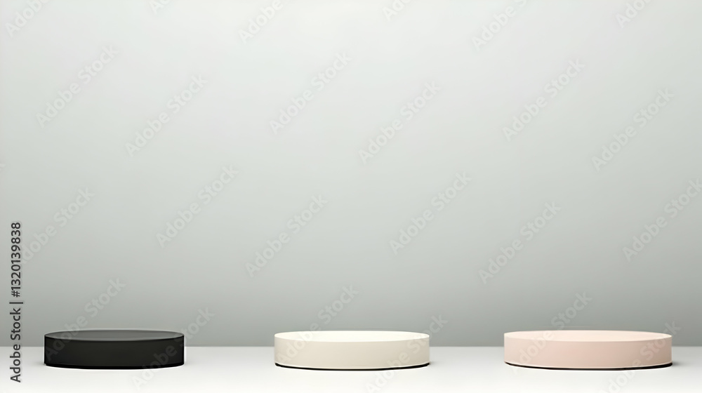 Poster three cylindrical platforms displayed against a neutral background in a minimalist studio setting