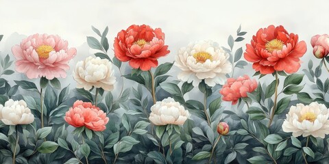 Fototapeta premium Peony Flowers in Watercolor Style with Green Leaves on White Background