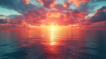 Ocean Sunset with Birds, Dramatic Sky, Peaceful Scene