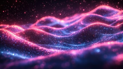 Obraz premium Futuristic abstract wave background with neon blue and purple particles flowing in space technology illustration