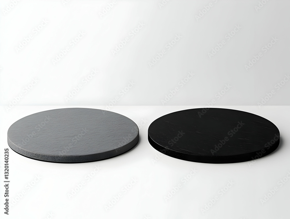 Poster 3d render of two circular platforms: gray and black, minimalist product display background