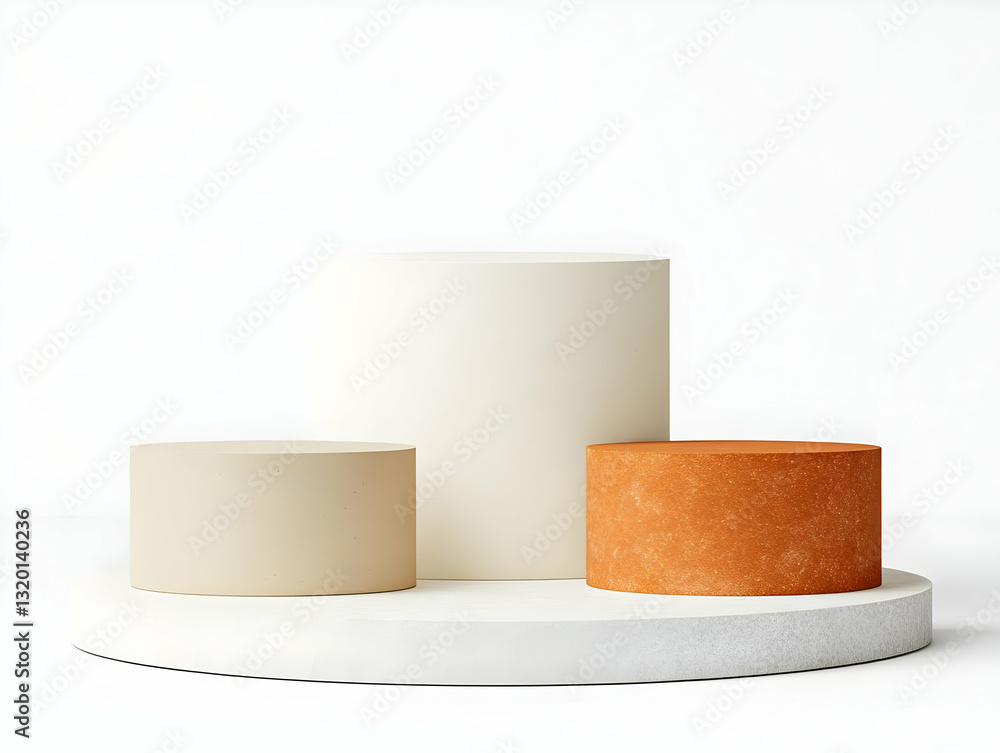 Poster abstract 3d render of cylindrical platforms with earthy tones on white background for product displa