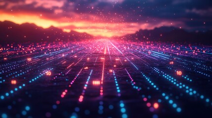 Futuristic Digital Landscape with Neon Colors and Data Streams Abstract Network Technology