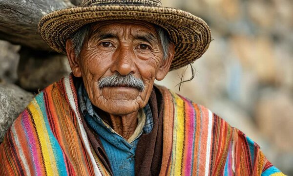 Elderly man in colorful poncho and hat