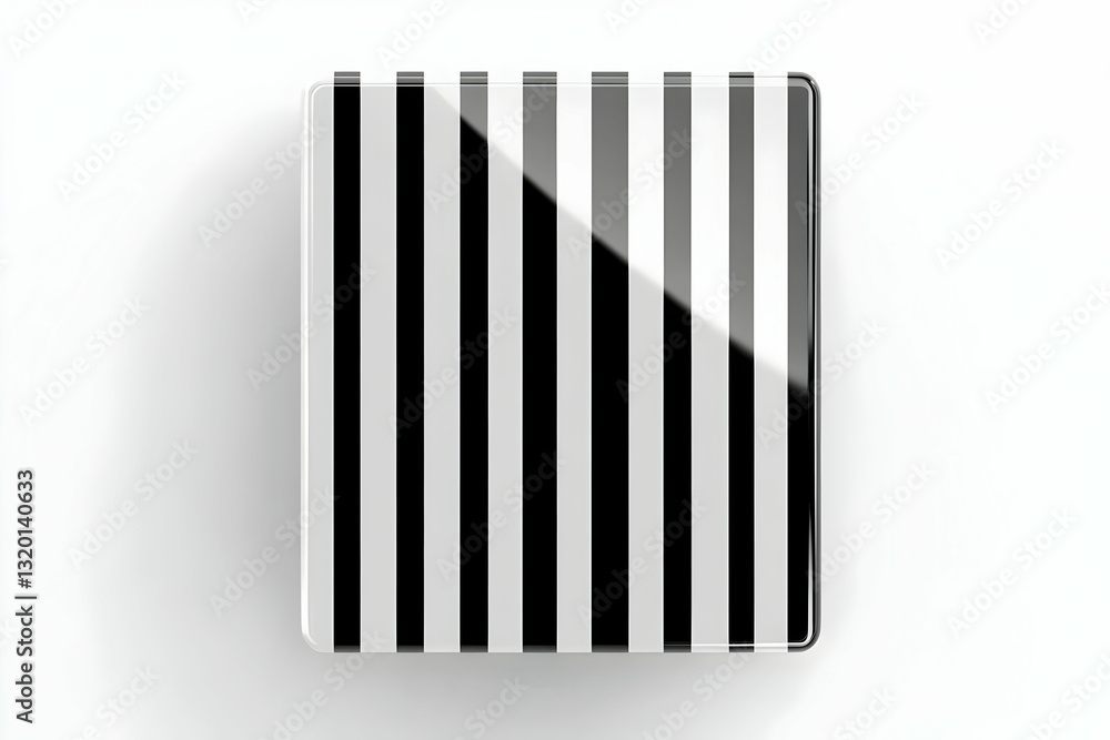 Poster 3d render of a glossy square with vertical black and white stripes as abstract background