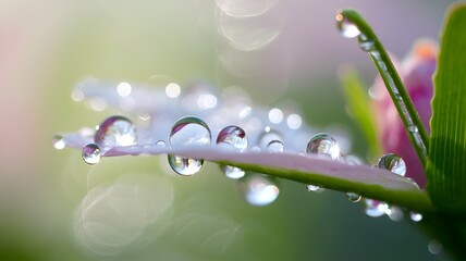 Close-up of a dewdrop on a flower petal or fresh green leaf. The water droplets reflect light and show the purity of nature.