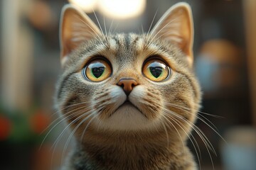 Close up of frightened tabby cat at vet clinic on examination table with large expressive eyes