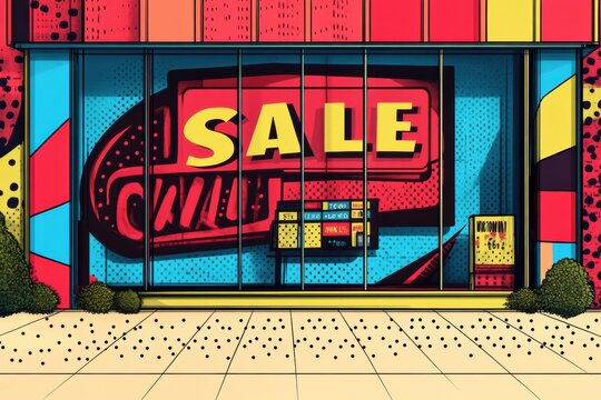 Vibrant pop art storefront showcasing bold sale signs with comic style fonts and colorful patterns in a lively shopping district
