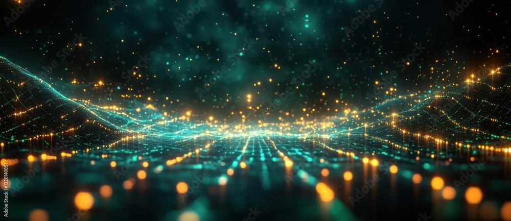 Aufkleber futuristic digital landscape with glowing nodes and connecting lines in cyberpunk style