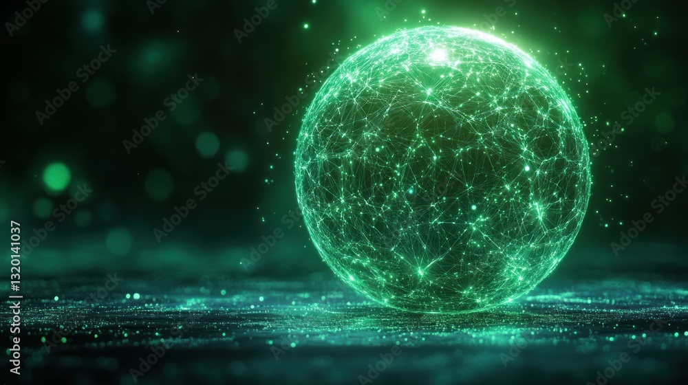 Poster glowing green particle sphere with nodes and lines modern digital art