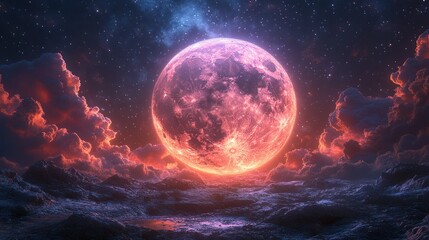 Glowing Crimson Moon Over Alien Landscape