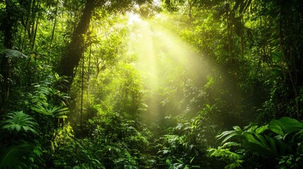 Fototapeta premium Sunlight's Embrace in the Rainforest: A vibrant scene of a tropical rainforest, where sunlight pierces through the dense canopy, creating a mystical and lush atmosphere.