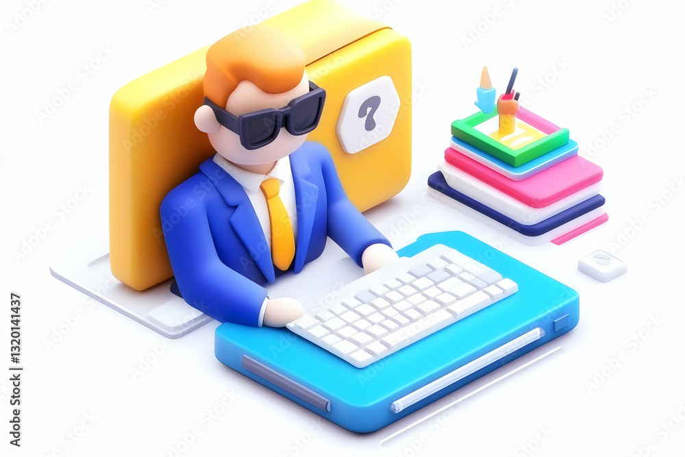 Poster 3d render of businessman in suit typing on keyboard at desk with question mark folder and stack of b