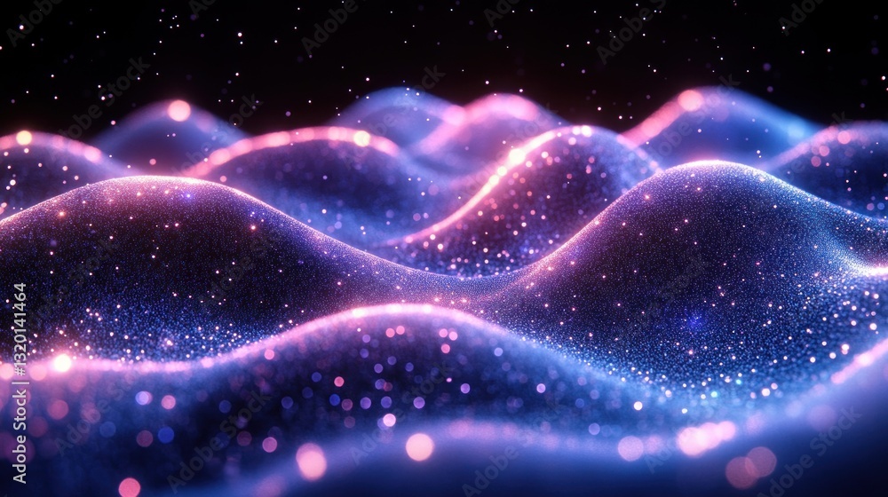 Aufkleber futuristic neon wave landscape with glowing particles and dynamic lines in abstract digital space
