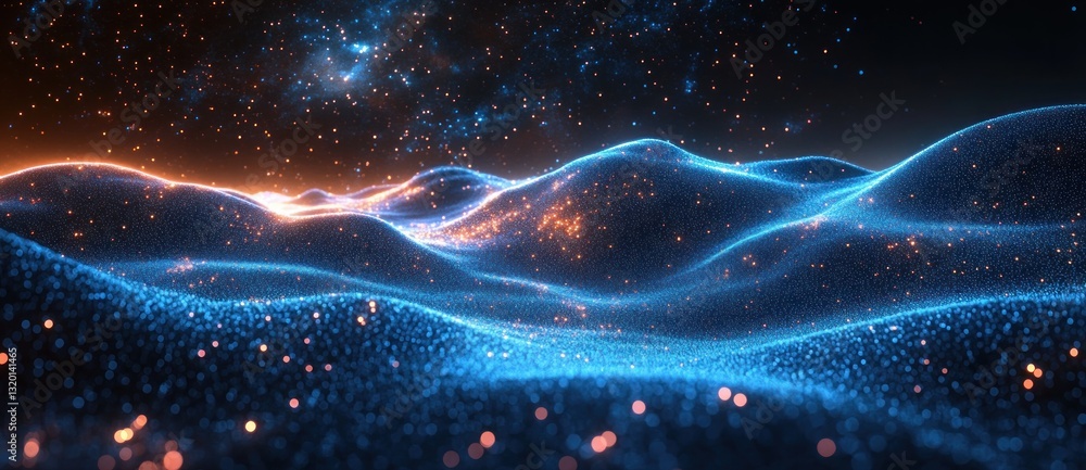 Poster futuristic abstract wave with neon grid lines and moving particles in dark cyberpunk landscape