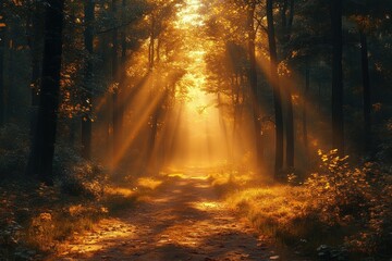 Fototapeta premium Serene Forest Pathway with Sun Rays and Foliage