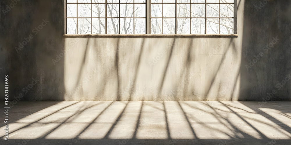Poster sunlit room's abstract background: 3d render of light and shadow on a concrete wall and floor