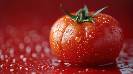 Fresh vibrant red tomato with tomato paste smear on bright red background