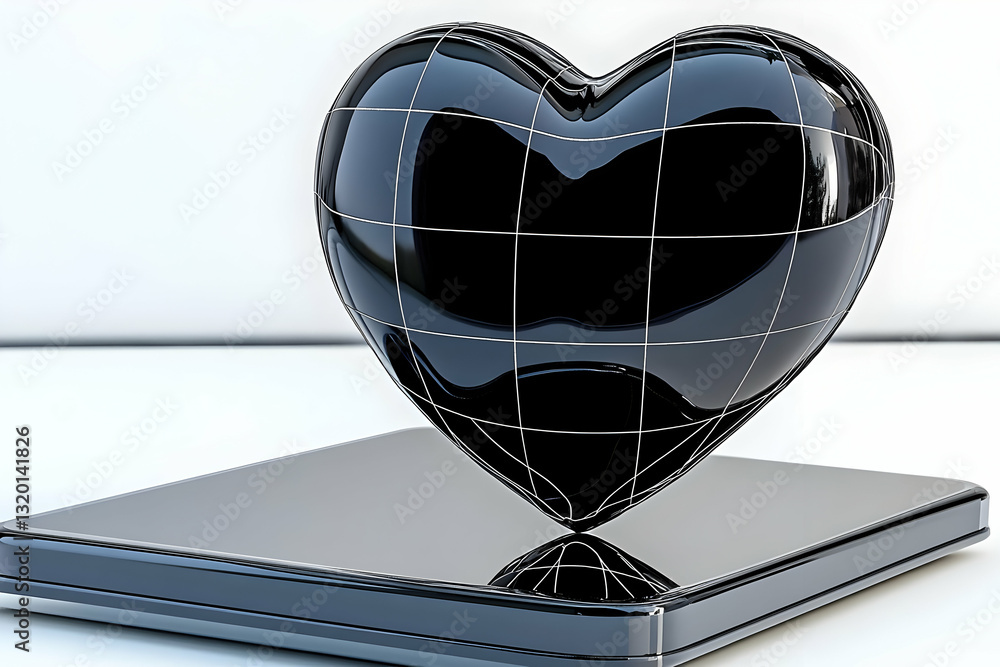Poster 3D Render of a Black Glossy Heart Shaped Object Resting on a Sleek, Reflective Surface, Abstract Minimalist Design