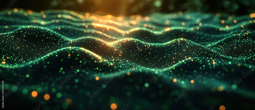 Poster futuristic digital landscape with glowing green nodes and connecting lines in cyberpunk style