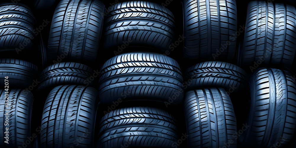 Poster close-up view of stacked dark blue car tires, showing tread patterns and texture in a detailed 3d il