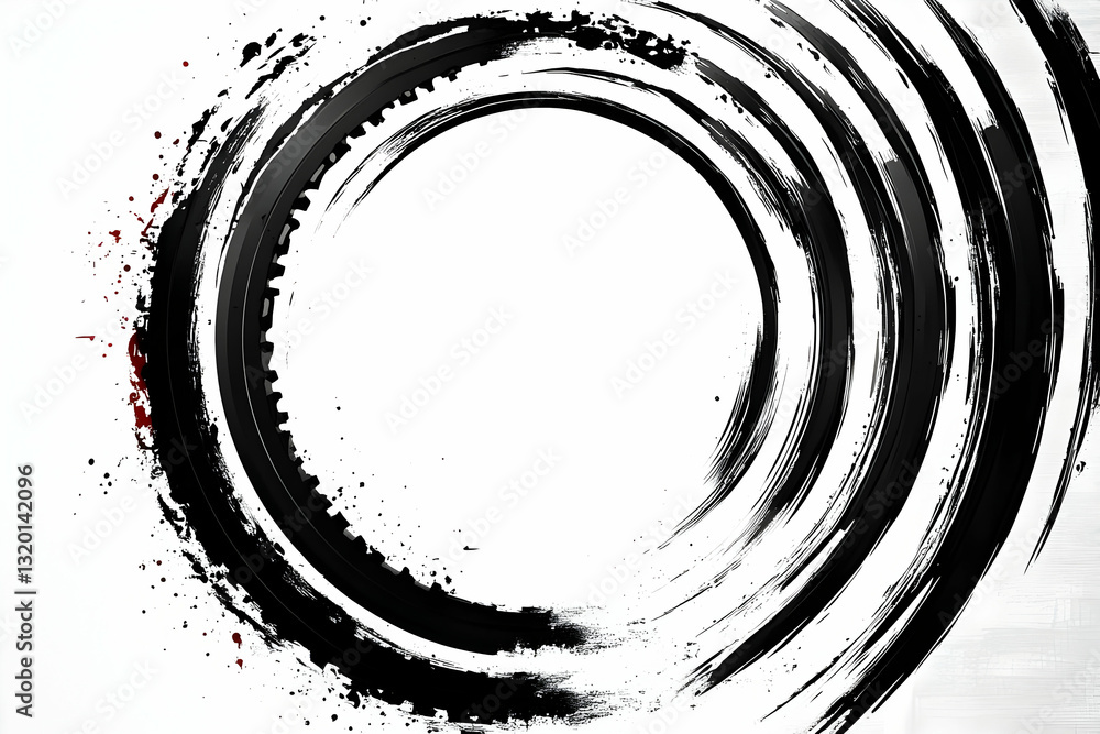 Poster abstract black ink circular brush strokes background, grunge texture with white space for text or de