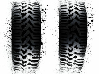 Abstract tire tread marks in snow, a black and white illustration with grunge splatters, showing deep grooves and winter texture.