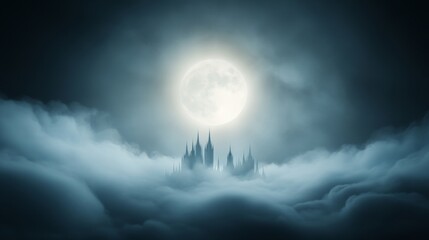 Obraz premium Mystical Castle Rising Above Foggy Landscape Under Full Moonlight
