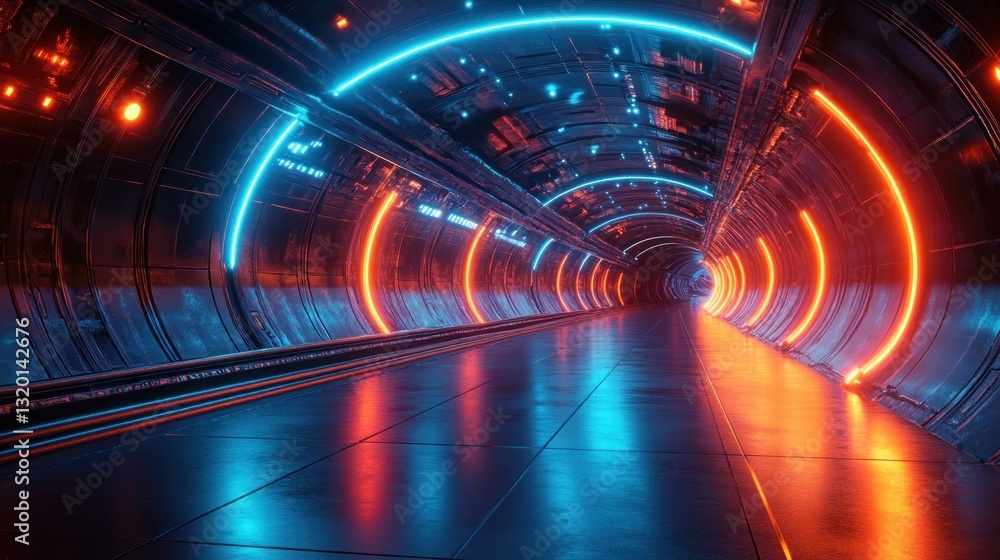 Poster futuristic tunnel with glowing points in cyberspace infinite data transfer concept