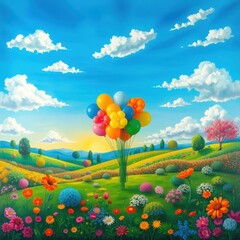 a colorful landscape with a variety of flowers and plants