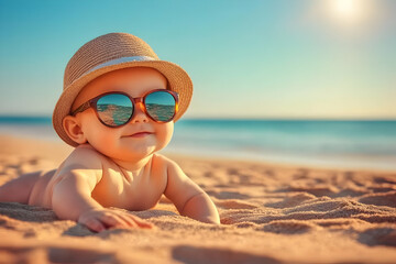 Adorable Baby Wearing Sunglasses and Hat Lies on Sandy Beach during Sunset
