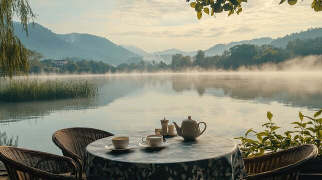 Serene lakeside breakfast with misty mountains and tranquil reflections