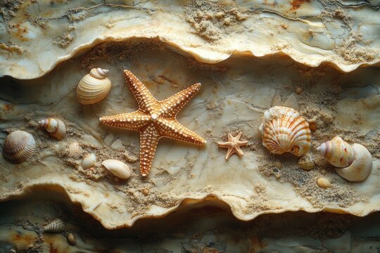 starfish and seashells on sandy beach in summer natural still life