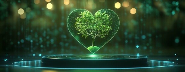 A digital heart shape containing a vibrant green tree, symbolizing love for nature and environmental sustainability.