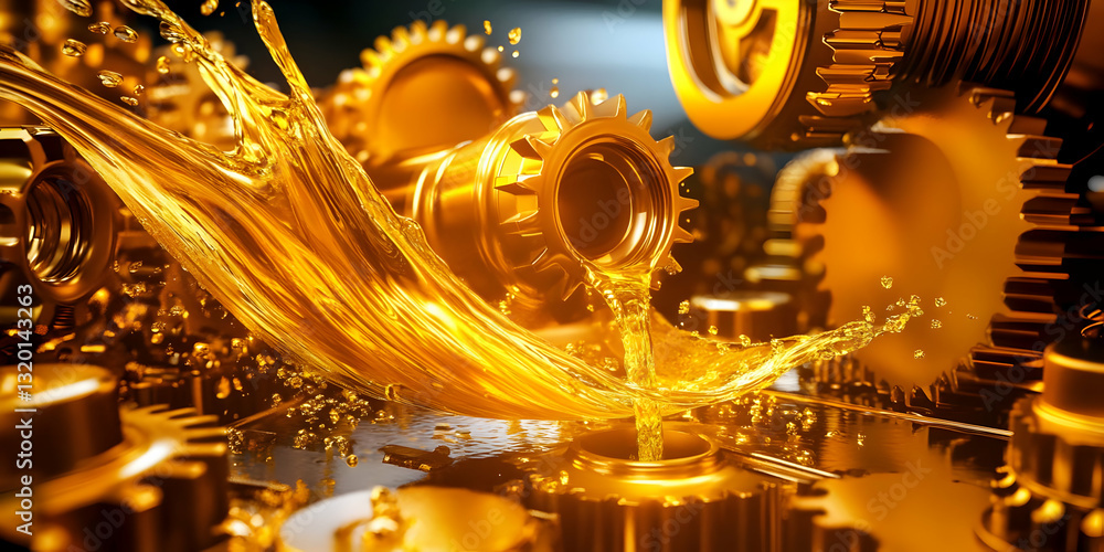 Poster 3d render of golden gears with lubricating oil splashing dynamically