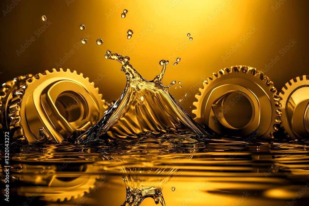 Aufkleber 3d render: golden gears submerged in liquid, creating a dynamic splash with reflections and droplets